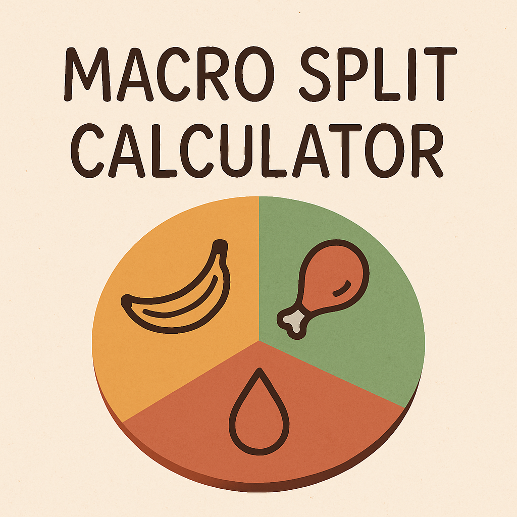 A colorful pie chart with icons for banana, chicken leg, and a drop, illustrating the Macro Split Calculator. It's designed to help you balance your protein, carbs, and fats for your dietary goals.